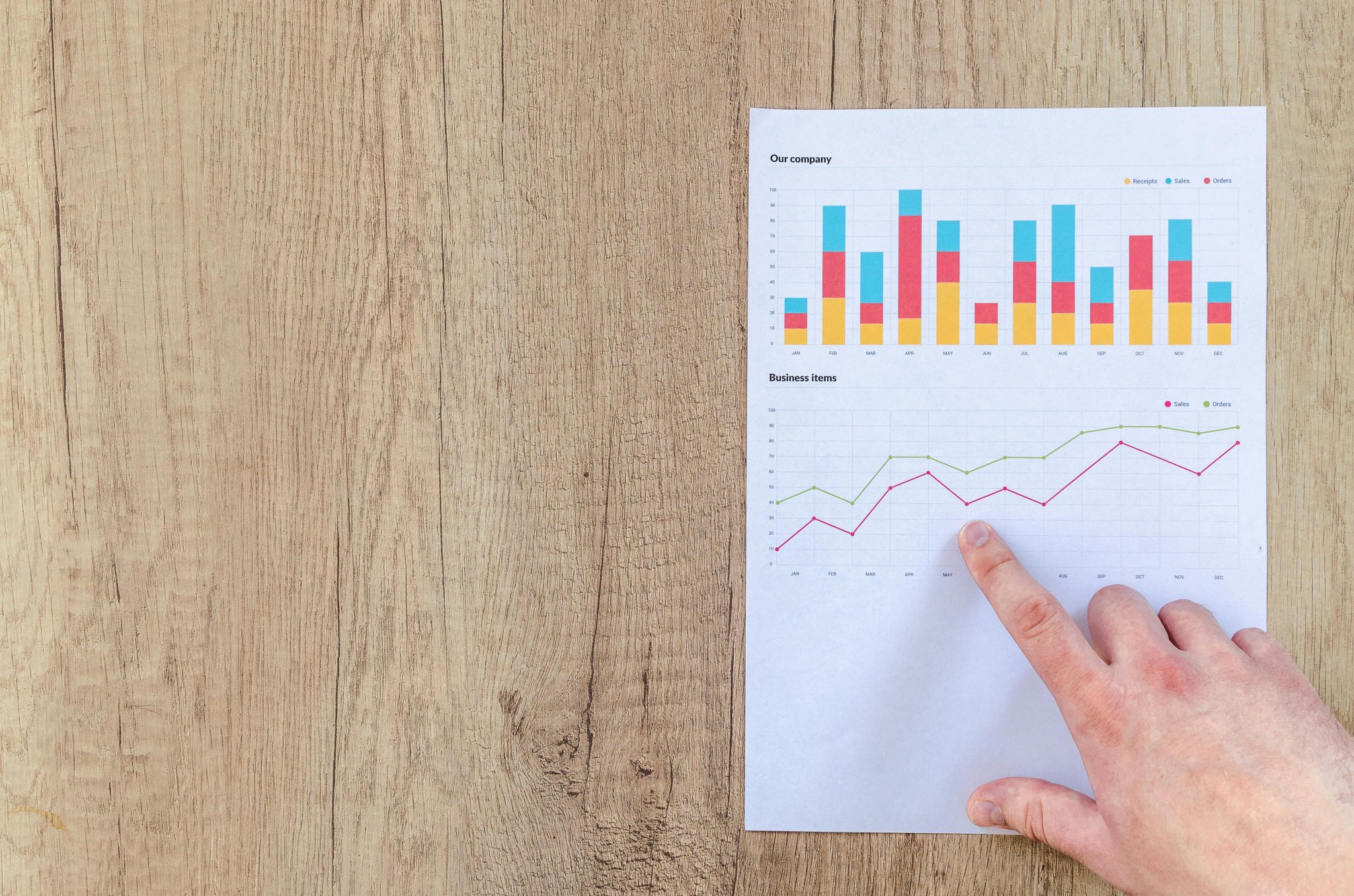 Home Hand analyzing business graphs on a wooden desk, focusing on data results and growth analysis.